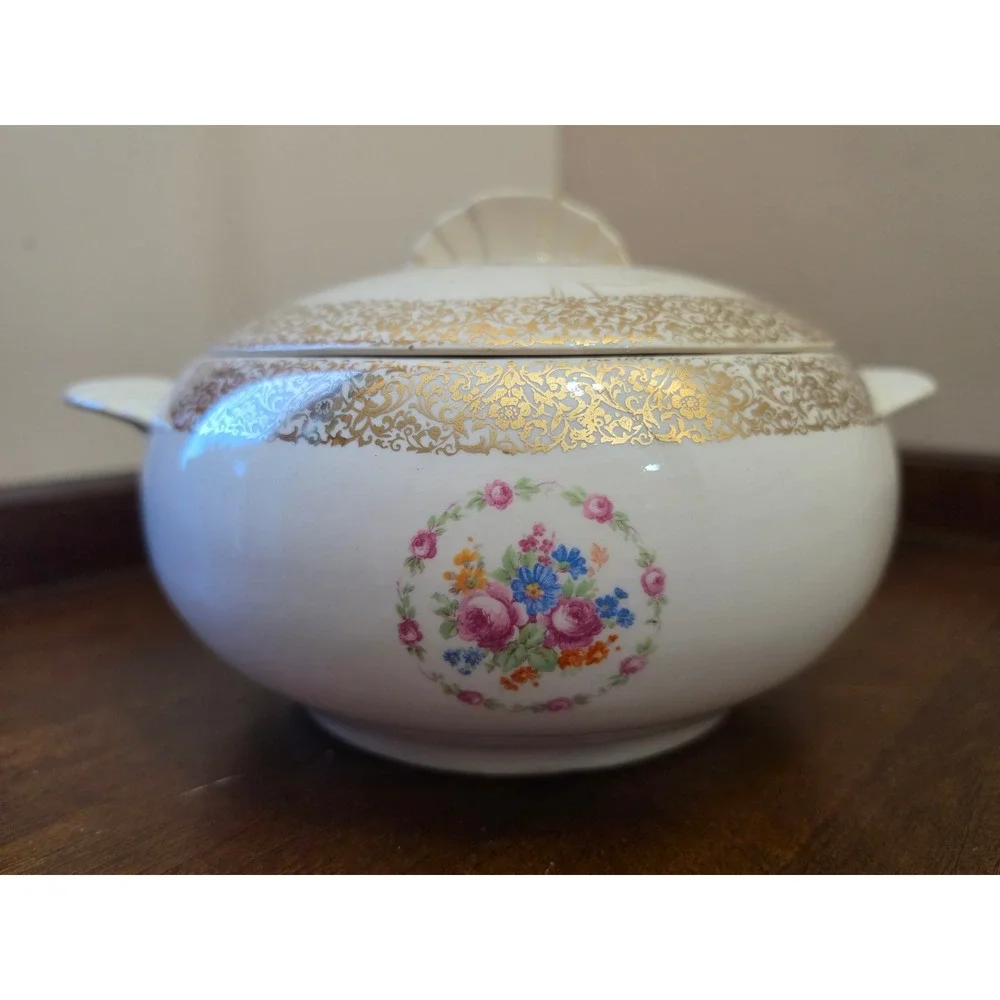 Vintage Paden City Pottery Bak-Serv Lidded Tureen Casserole Dish 22K Gold 1930s